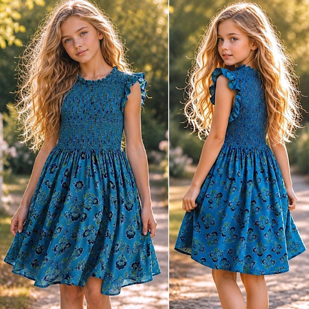 French Connection Girl L Blue Smocked Floral Dress Lined Sleeveless Cotton 14/16